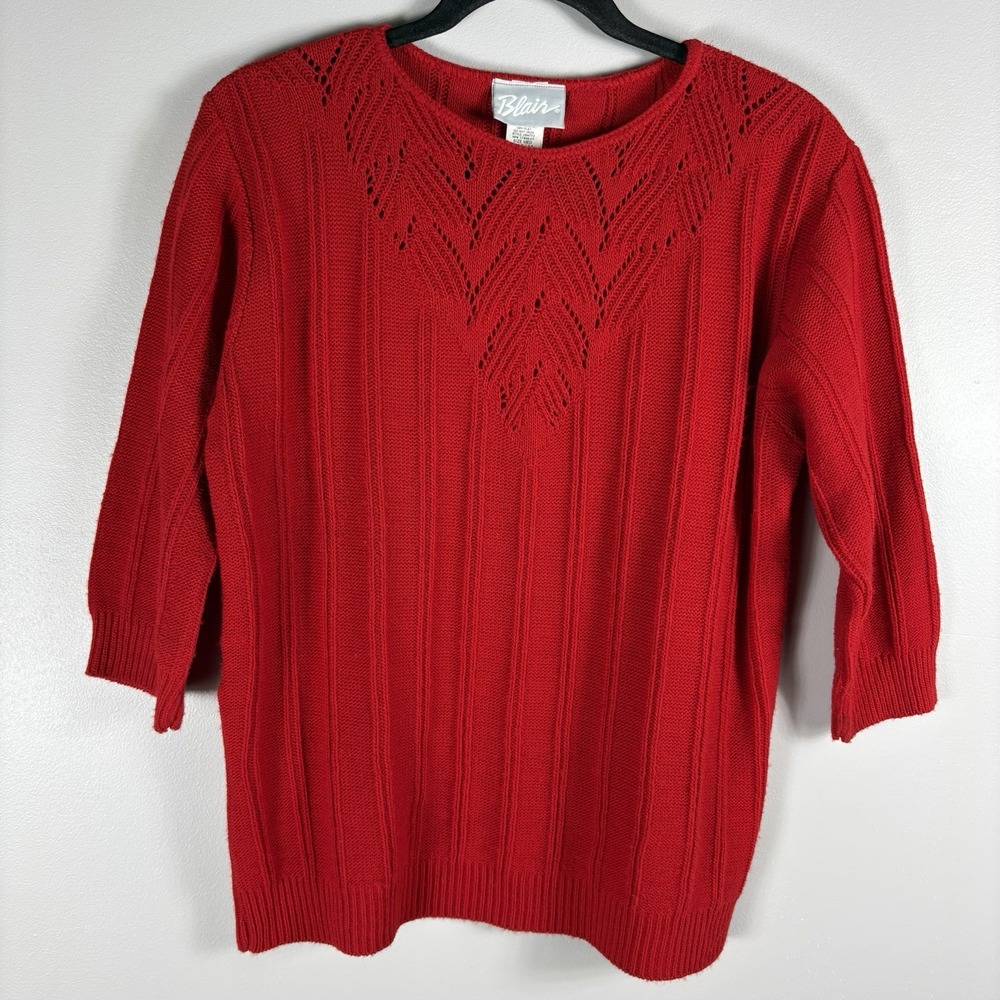 Blair Women's Medium Red Round Neck 3/4 Sleeve Pullover Crochet Knit Sweater VTG